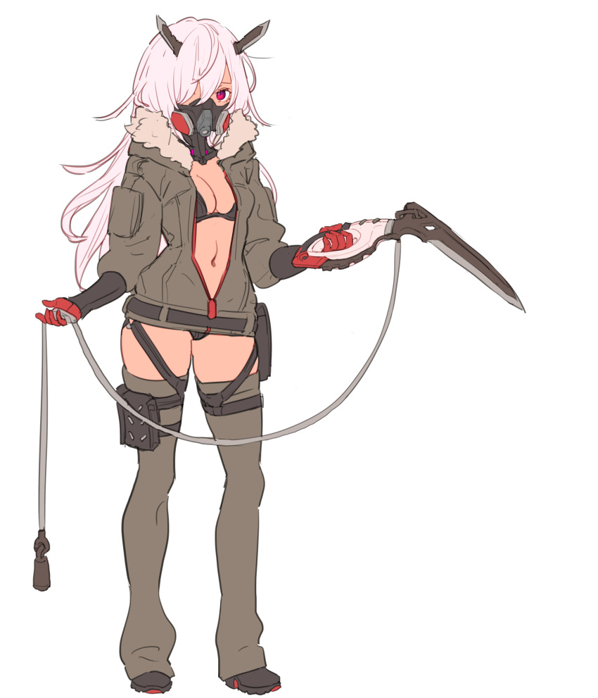 1girl absurdres bangs belt black_bra black_footwear black_panties boots bra breasts contrapposto covered_mouth full_body gas_mask gloves grey_jacket grey_legwear hair_between_eyes hair_over_one_eye highres holding holding_weapon horns jacket leg_strap long_hair long_sleeves looking_at_viewer medium_breasts nagisa_kurousagi navel one_eye_covered open_clothes open_jacket original panties pink_hair pouch red_eyes red_gloves simple_background solo standing thigh-highs underwear weapon white_background zipper