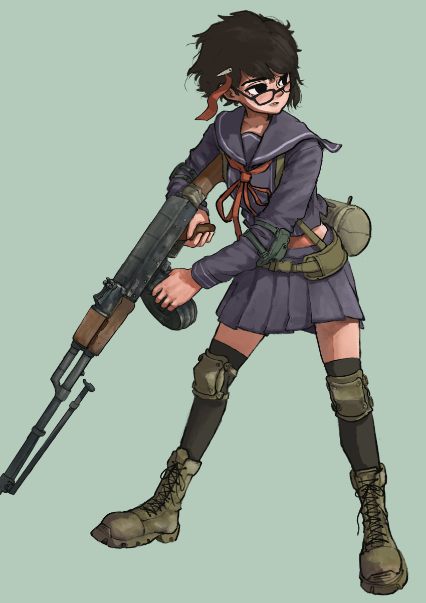 1girl absurdres black_hair boots commentary_request elbow_pads full_body glasses gun highres holding holding_gun holding_weapon knee_pads korean_commentary light_machine_gun messy_hair original rpk school_uniform serafuku short_hair simple_background solo thigh-highs weapon whdgus2078