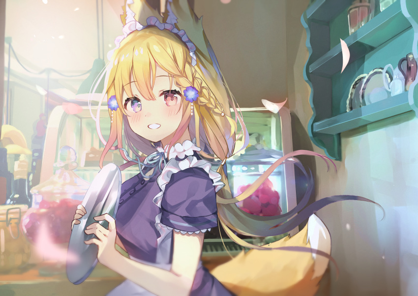 1girl :d animal_ears apron bakery bangs beads blonde_hair blurry blush braid braided_bangs breasts character_request copyright_request depth_of_field dress flower fox_ears fox_girl fox_tail from_side gradient_hair hair_beads hair_flower hair_ornament heterochromia highres holding holding_tray large_breasts long_hair maid_apron maid_headdress multicolored_hair open_mouth petals pink_hair purple_dress red_eyes shell shop short_sleeves single_braid smile solo streaked_hair tail tray upper_body very_long_hair violet_eyes virtual_youtuber yushima