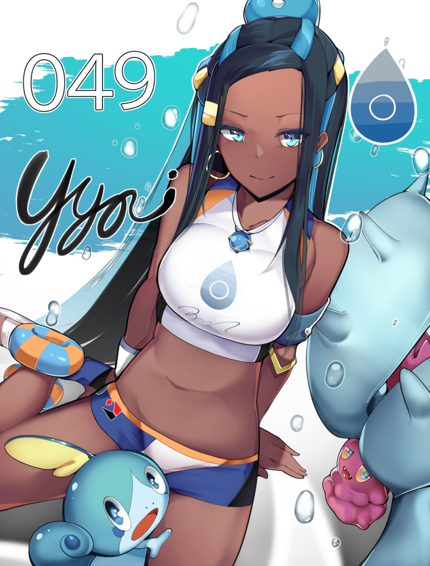 1girl armlet belly_chain black_hair blue_eyes blue_hair breasts collarbone commentary_request dark_skin earrings gloves gym_leader hair_bun highres hoop_earrings jewelry long_hair looking_at_viewer multicolored_hair navel necklace number pokemon pokemon_(creature) pokemon_(game) pokemon_swsh rurina_(pokemon) sha_(amfil100) signature single_glove sitting smile sobble swimsuit two-tone_hair