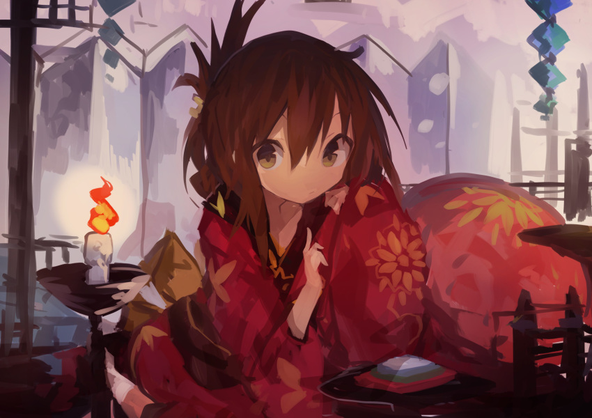 1girl absurdres alternate_costume bangs brown_hair candle closed_mouth floral_print folded_ponytail hair_between_eyes highres hinamatsuri hishimochi inazuma_(kantai_collection) japanese_clothes kaamin_(mariarose753) kantai_collection kimono ponytail solo wide_sleeves yellow_eyes