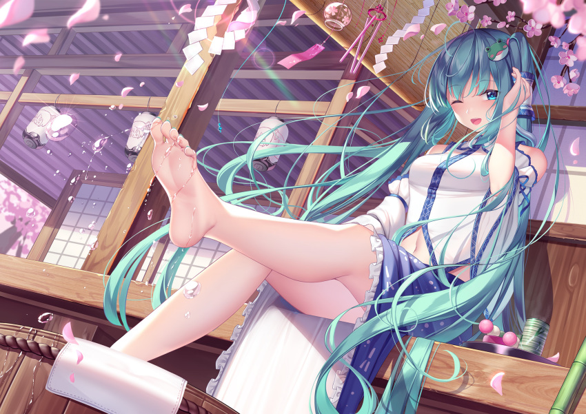 1girl 39 ;d ahoge aqua_eyes aqua_hair aqua_nails bangs bare_legs barefoot blue_skirt blush breasts bucket collared_shirt cosplay dango day detached_sleeves dutch_angle eyebrows_visible_through_hair feet food frilled_skirt frills frog_hair_ornament hair_ornament hair_tubes hair_tucking hand_up hatsune_miku highres kochiya_sanae kochiya_sanae_(cosplay) lantern lens_flare long_hair long_sleeves medium_breasts medium_skirt navel one_eye_closed open_mouth outdoors paper_lantern petals pupupu_(1053378452) shirt sitting skirt smile snake_hair_ornament soles solo sparkle splashing spring_(season) spring_onion steam toenail_polish toes touhou towel tray twintails very_long_hair vocaloid wagashi water water_drop white_shirt wind_chime wooden_bucket