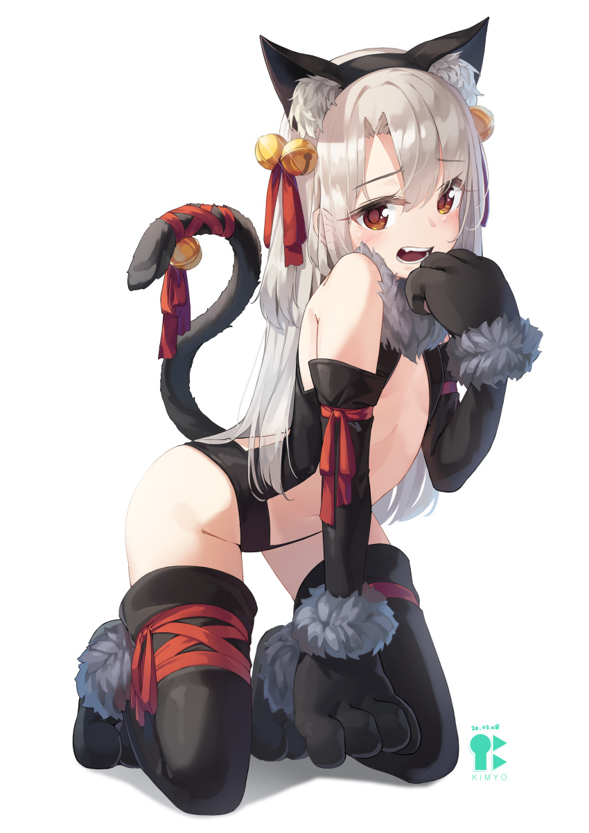 1girl absurdres animal_ears artist_name bell black_gloves black_legwear brown_eyes cat_ears cat_tail dated elbow_gloves eyebrows_visible_through_hair fake_animal_ears fate/kaleid_liner_prisma_illya fate_(series) flat_chest full_body fur_trim gloves hair_bell hair_ornament highres illyasviel_von_einzbern kimyo kneeling long_hair looking_at_viewer open_mouth paw_gloves paws silver_hair simple_background solo tail tail_bell teeth thigh-highs white_background