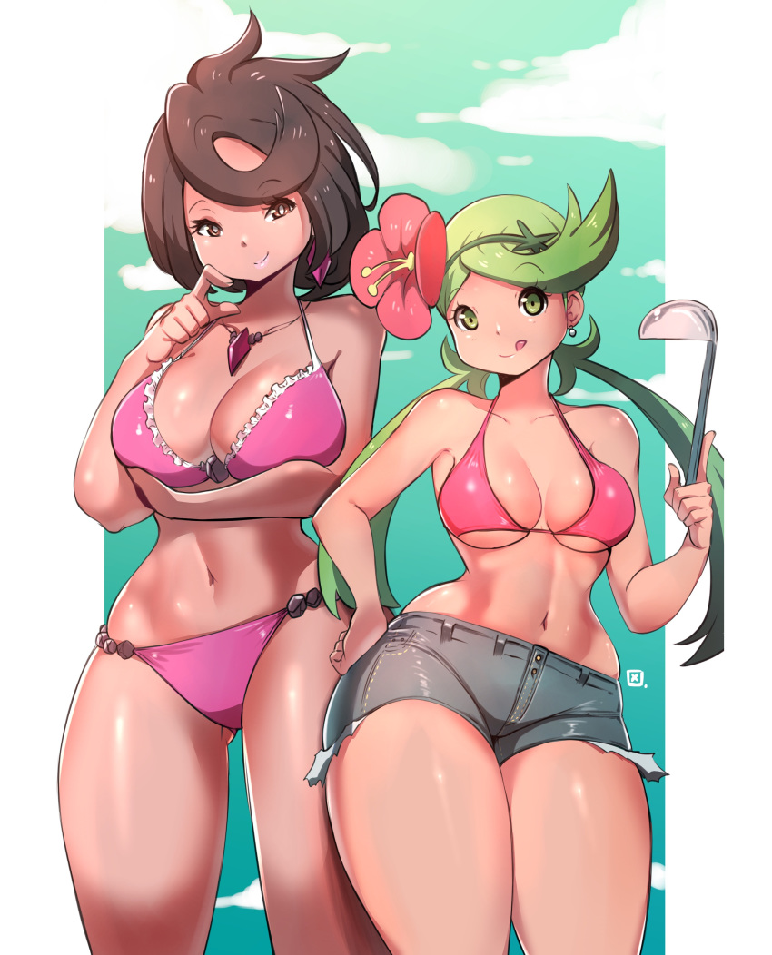 2girls :q absurdres arm_under_breasts ass_visible_through_thighs bangs bikini black_hair bracelet breasts brown_eyes clouds contrapposto curvy dark_skin earrings eyebrows_visible_through_hair flower frilled_bikini_top green_eyes green_hair green_sky grey_shorts hair_flower hair_ornament hand_on_hip highres jewelry kenron_toqueen ladle large_breasts long_hair looking_at_viewer lychee_(pokemon) mallow_(pokemon) medium_breasts multiple_girls navel necklace pokemon pokemon_(anime) pokemon_(game) pokemon_sm pokemon_sm_(anime) purple_bikini red_bikini_top red_flower shiny shiny_skin short_hair short_shorts shorts sky slender_waist smile standing stomach swept_bangs swimsuit thick_thighs thighs tongue tongue_out twintails