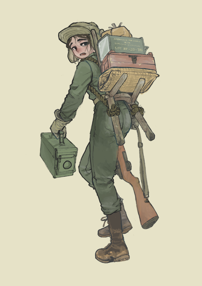 1girl absurdres ammo_box carrying commentary english_commentary full_body gun hat highres military military_uniform original rifle simple_background soldier solo uniform weapon whdgus2078