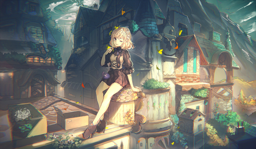 1girl ;) arm_support bangs black_footwear black_skirt breasts building chromatic_aberration closed_mouth commentary_request day door flower ginkgo_leaf hair_flower hair_ornament hand_up high_heels highres leaves_in_wind long_sleeves medium_breasts mountain one_eye_closed ori_(momonimo) original outdoors pleated_skirt puffy_long_sleeves puffy_sleeves round-bottom_flask shirt shoes skirt smile solo white_flower white_shirt window