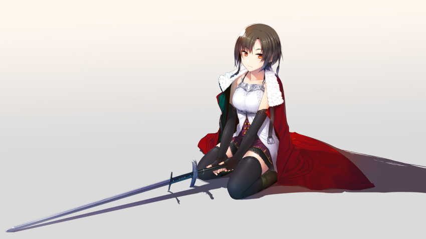 1girl bangs black_gloves breasts brown_hair cape collarbone commentary_request dress elbow_gloves eyebrows_visible_through_hair fingerless_gloves fur_trim gloves holding holding_sword holding_weapon kneeling long_sword looking_at_viewer medium_breasts nonderi on_ground original red_cape solo sword thigh-highs weapon white_dress
