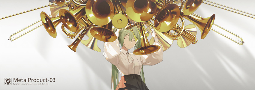 1girl arms_up black_skirt closed_eyes commentary expressionless green_hair hatsune_miku highres holding instrument kieed long_hair long_sleeves puffy_sleeves shadow shirt sidelighting skirt solo standing trombone twintails upper_body very_long_hair vocaloid white_shirt