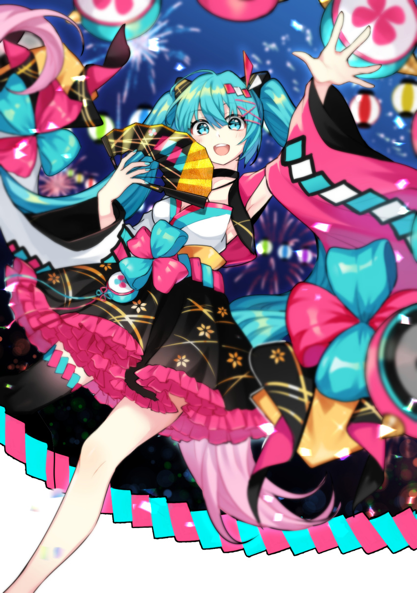 1girl 39 aqua_eyes aqua_hair armpits asymmetrical_legwear black_skirt blurry blurry_background commentary confetti detached_sleeves drum fan feet_out_of_frame fenghu_(huli) fireworks floral_print folding_fan frilled_skirt frills hair_ornament hairclip hatsune_miku highres holding holding_fan instrument japanese_clothes kimono long_hair looking_at_viewer magical_mirai_(vocaloid) mismatched_sleeves nail_polish night open_mouth ribbon single_thighhigh skirt smile solo speaker thigh-highs twintails very_long_hair vocaloid yukata