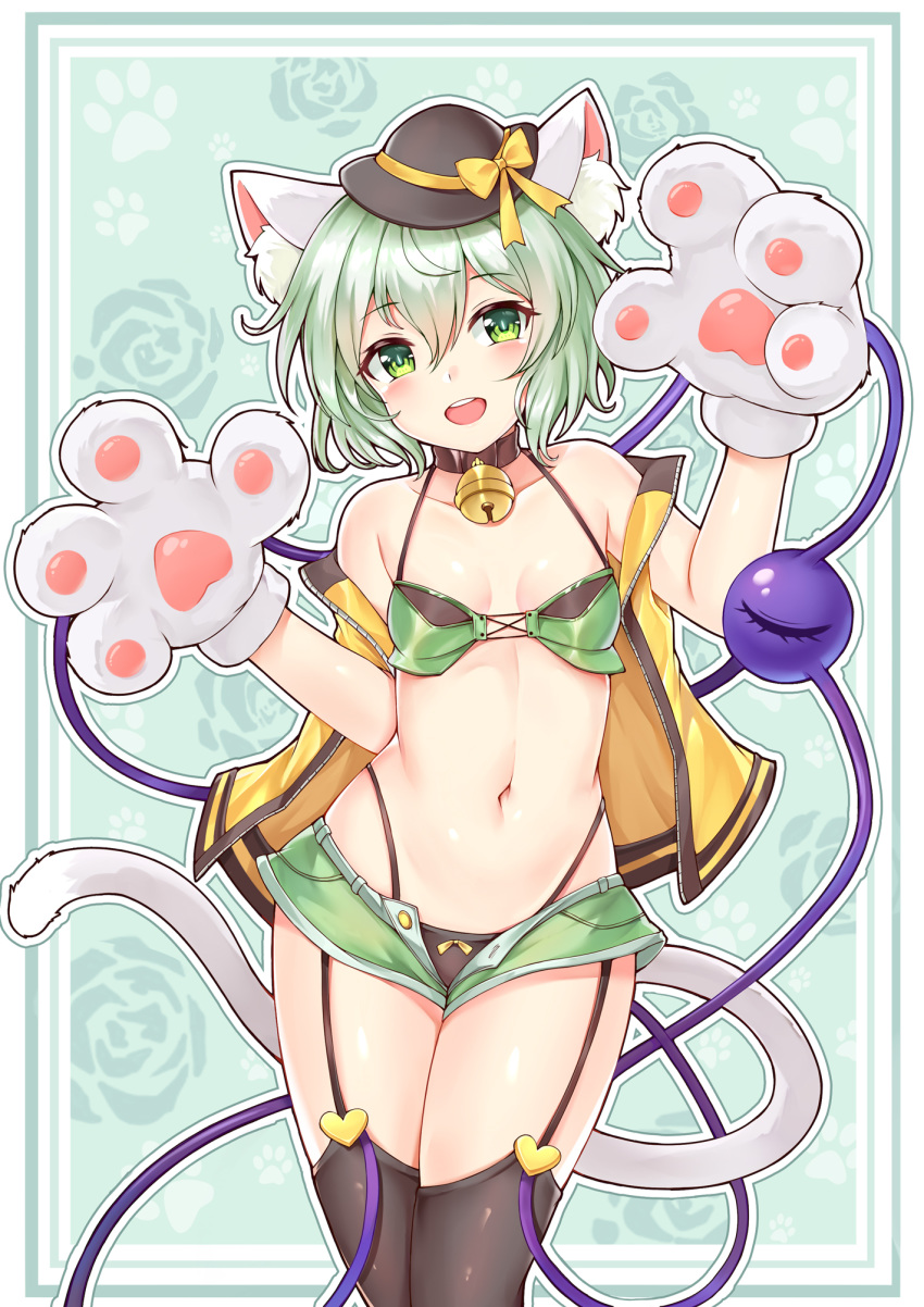 1girl :d animal_ear_fluff animal_ears bare_shoulders bell bell_collar black_collar black_headwear black_legwear black_panties blush bra breasts bushi_(1622035441) cat_ears cat_tail collar collarbone cowboy_shot floral_background garter_straps gloves green_background green_bra green_eyes green_hair green_skirt hair_between_eyes halterneck hat hat_ribbon head_tilt heart highleg highleg_panties highres jacket jingle_bell kemonomimi_mode komeiji_koishi looking_at_viewer microskirt mini_hat navel off_shoulder open_clothes open_jacket open_mouth outline panties paw_gloves paws revision ribbon short_hair skirt small_breasts smile solo standing stomach tail thigh-highs third_eye touhou underwear yellow_jacket yellow_ribbon