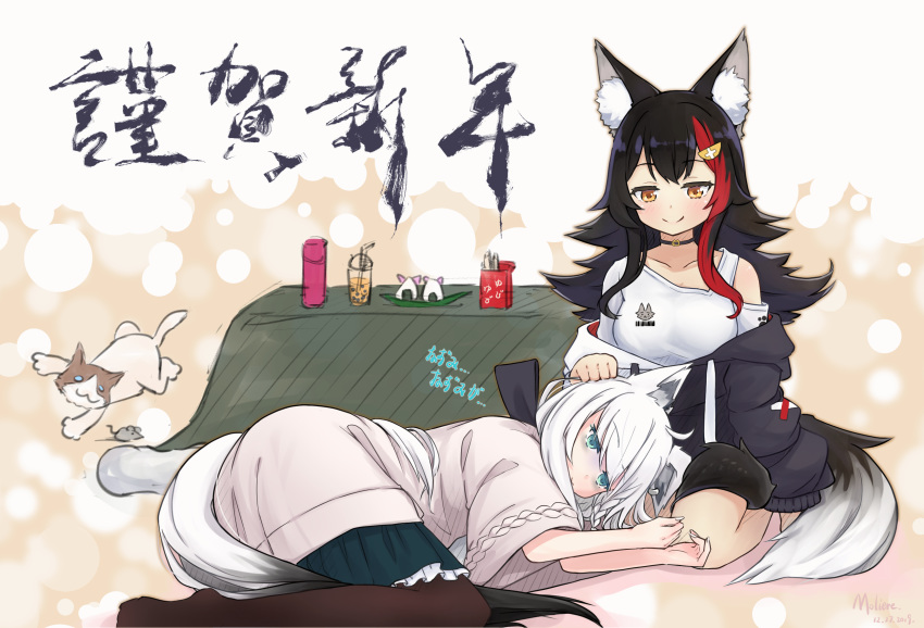 2girls animal animal_ear_fluff animal_ears aqua_eyes bags_under_eyes black_hair black_legwear cat commentary_request dress fox_ears fox_tail frilled_skirt frills hand_on_another's_head highres hololive hood hoodie kotatsu lap_pillow ling_qi_mo_shi long_hair lying mouse multicolored_hair multiple_girls off_shoulder on_side ookami_mio orange_eyes pantyhose redhead seiza shirakami_fubuki shirt sitting skirt smile streaked_hair table tail translated virtual_youtuber white_hair wolf_ears wolf_tail