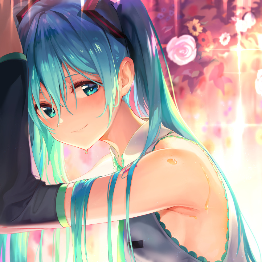 1girl 39 absurdres arm_up armpits bare_shoulders blue_eyes blue_hair collared_shirt detached_sleeves flower glint grey_shirt hair_ornament hatsune_miku highres long_hair long_sleeves looking_at_viewer maeshimashi rose shirt smile solo twintails upper_body vocaloid wet