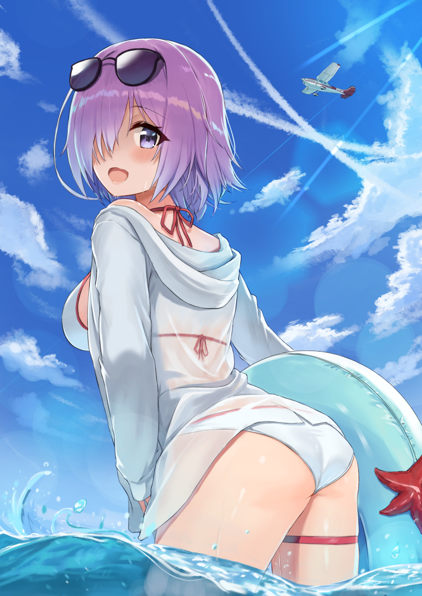 1girl :d absurdres aircraft airplane ass back bangs bent_over bikini bikini_under_clothes black-framed_eyewear blue_sky blush breasts clouds commentary_request day eyewear_on_head fate/grand_order fate_(series) from_behind hair_over_one_eye halter_top halterneck highres innertube jacket jjeono large_breasts lavender_hair leaning_forward long_sleeves looking_at_viewer looking_back mash_kyrielight ocean open_clothes open_jacket open_mouth outdoors purple_hair see-through short_hair sky smile solo starfish sunglasses swimsuit thigh_strap thighs violet_eyes wading water wet wet_clothes white_bikini white_jacket