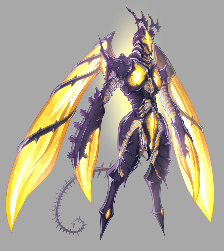 alien bug faceless glowing glowing_lines grey_background highres horns hyper_zetton insect kaijuu kuroda_asaki large_wings long_arms no_feet no_humans spikes tail ultra_series ultraman_(1st_series) wings zetton