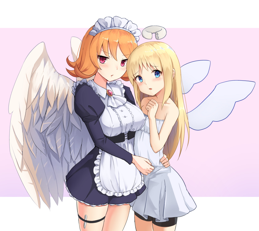 1girl 1other angel angel_wings apron bangs bare_shoulders bike_shorts black_dress black_shorts blonde_hair blue_eyes breasts broken_halo corset covered_nipples crimvael danraz0r dress eyebrows_visible_through_hair feathered_wings flipped_hair frilled_apron frills frown gem halo hand_on_another's_hip harpy highres hug ishuzoku_reviewers large_breasts long_hair long_sleeves looking_at_viewer maid_headdress meidri monster_girl orange_hair puffy_long_sleeves puffy_sleeves red_eyes short_dress short_hair shorts smile standing strapless strapless_dress thigh_strap very_long_hair waitress white_apron white_dress white_wings wings