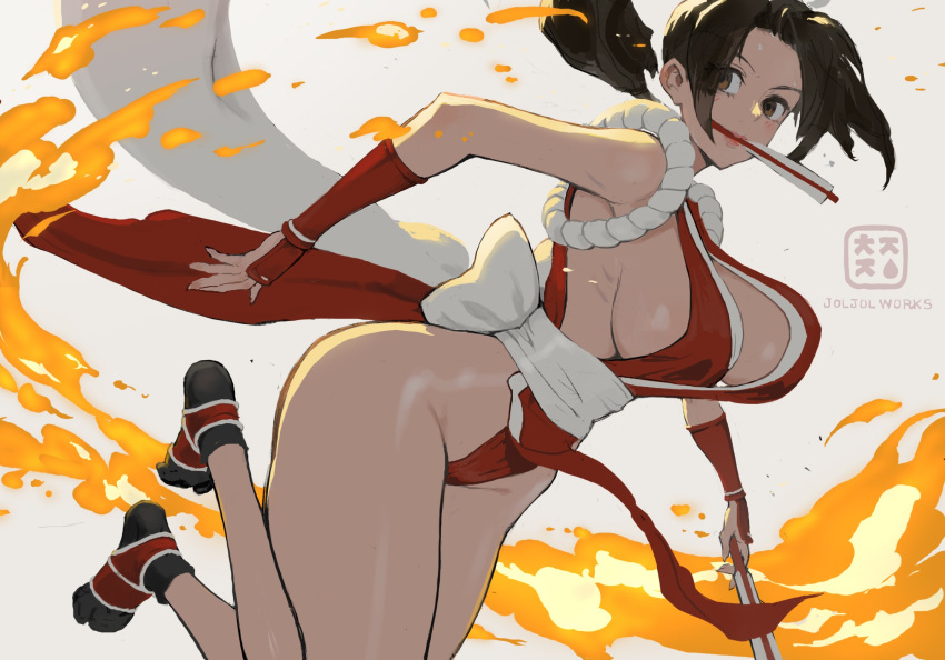 1girl bare_shoulders black_footwear breasts brown_eyes brown_hair closed_fan curvy fan fatal_fury fire folding_fan hibaneim high_ponytail highres large_breasts looking_to_the_side ninja pelvic_curtain ponytail revealing_clothes rope sash shiranui_mai sideboob the_king_of_fighters thighs