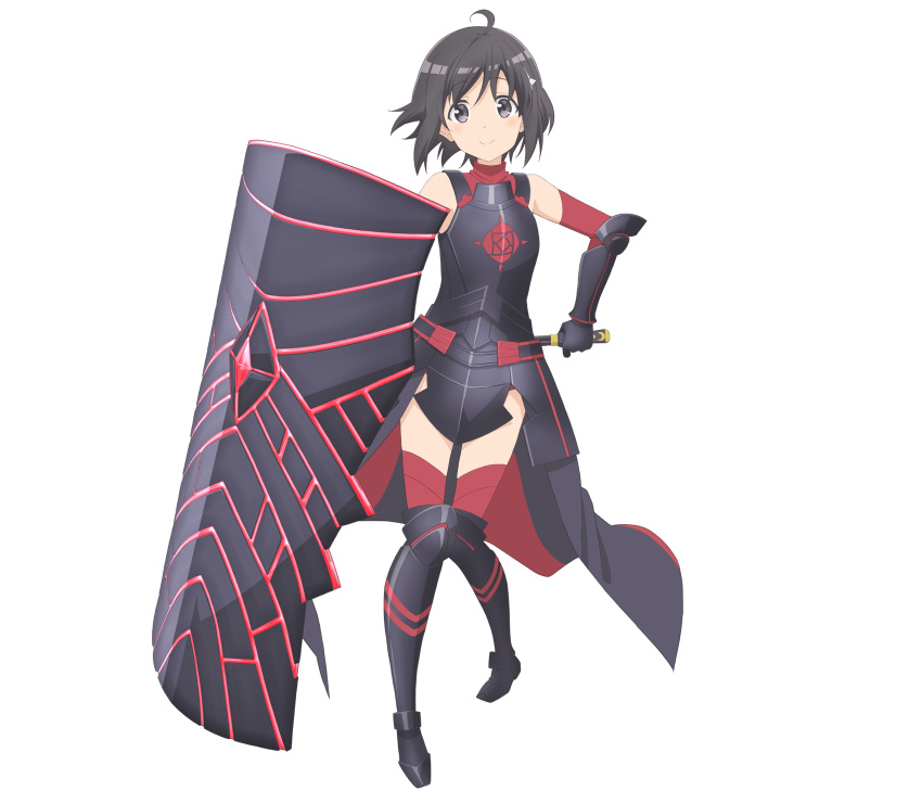 1girl ahoge armor bare_shoulders black_armor black_dress black_hair bob_cut boots breastplate detached_sleeves dress elbow_gloves full_body gauntlets gloves greaves hair_ornament highres holding holding_shield holding_weapon itai_no_wa_iya_nano_de_bougyoryoku_ni_kyokufuri_shitai_to_omoimasu leg_armor looking_at_viewer maple_(bofuri) official_art red_legwear red_sleeves shield short_hair shuriken_hair_ornament sleeveless sleeveless_dress smile solo thigh-highs thigh_boots transparent_background violet_eyes weapon weapon_on_back