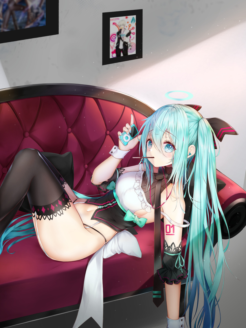 1girl absurdres aqua_eyes aqua_hair black_legwear black_neckwear blue_nails breasts commentary couch digital_media_player earphones earphones eyebrows_visible_through_hair food hair_between_eyes halo hatsune_miku heart heart-shaped_pupils highres indoors long_hair looking_at_viewer medium_breasts mouth_hold nail_polish navel necktie number_tattoo pocky reclining shalsqk shoulder_tattoo solo symbol-shaped_pupils tattoo thigh-highs twintails very_long_hair vocaloid wrist_cuffs