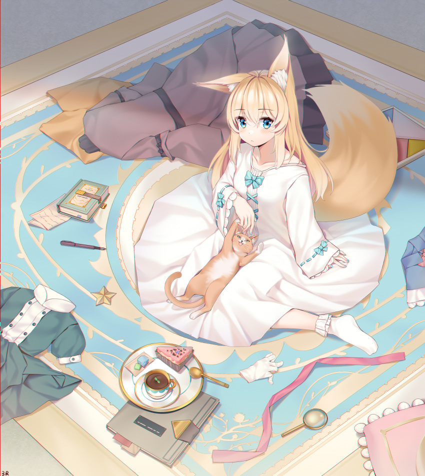 1girl absurdres animal_ears blonde_hair cake cat cat_ears cup food highres long_hair looking_at_viewer original ribbon socks tail tea teacup three_rice