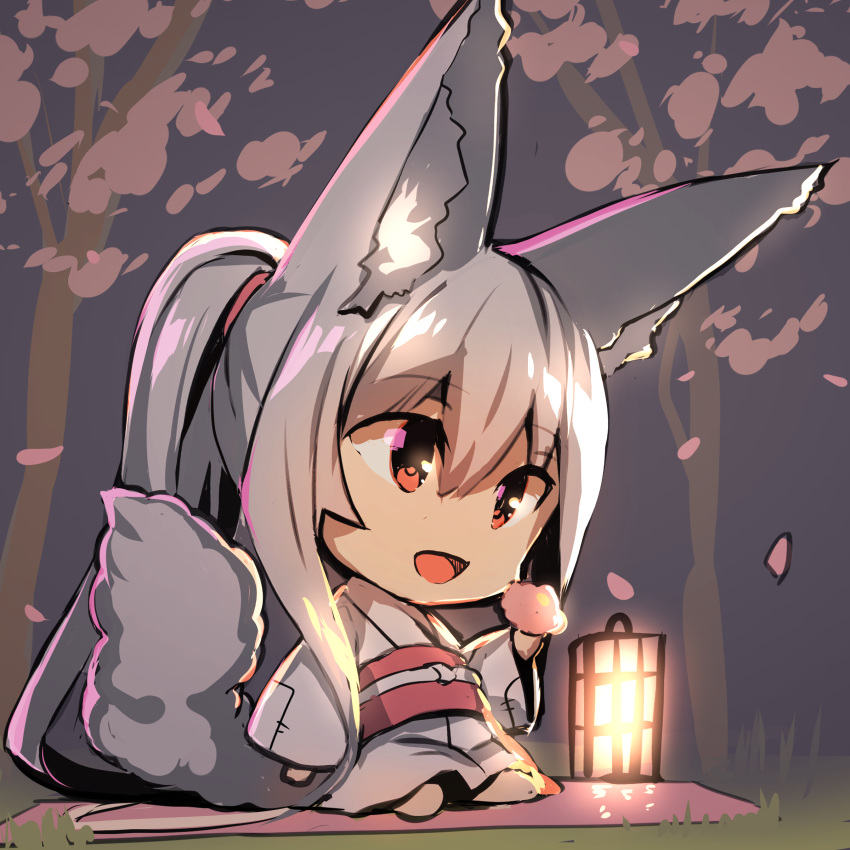 1girl :d absurdres animal_ear_fluff animal_ears bangs barefoot blanket blush chibi commentary_request eyebrows_visible_through_hair fox_ears fox_girl fox_tail full_body grass hair_between_eyes highres holding japanese_clothes kimono lantern long_hair looking_away night obi open_mouth original outdoors patches petals ponytail red_eyes sash silver_hair sitting smile solo tail tail_raised tree very_long_hair white_kimono wide_sleeves yuuji_(yukimimi)