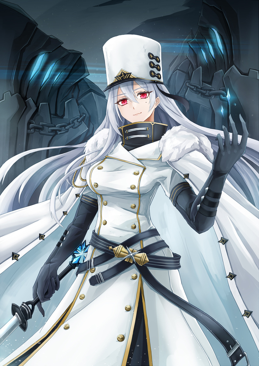 1girl azur_lane black_gloves breasts coat coat_dress coolnova double-breasted fur-trimmed_coat fur_trim gloves hair_between_eyes hat high_collar highres large_breasts long_hair looking_at_viewer military_hat mole mole_under_eye red_eyes silver_hair smile solo sovetskaya_rossiya_(azur_lane) very_long_hair white_coat white_headwear