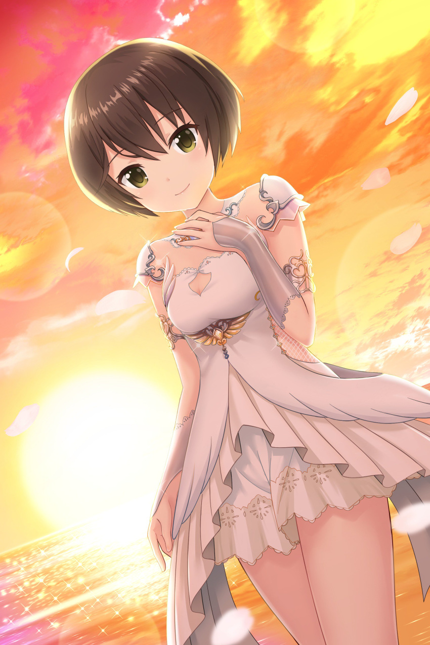 1girl absurdres alternative_girls bracer brown_hair clouds cloudy_sky dress eyebrows_visible_through_hair hand_on_own_chest highres jewelry ocean official_art short_hair sky smile standing sunset tachibana_naomi white_dress yellow_eyes