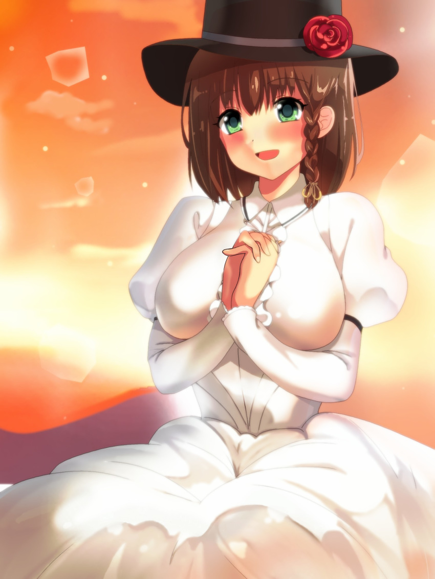 1girl black_headwear blush braid breasts brown_hair charlotte_corday_(fate/grand_order) dress fate/grand_order fate_(series) flower frills green_eyes hands_together hat hat_flower highres juliet_sleeves large_breasts long_dress long_sleeves momoiro_tanuki open_mouth puffy_sleeves rose short_hair side_braid smile solo sunset white_dress