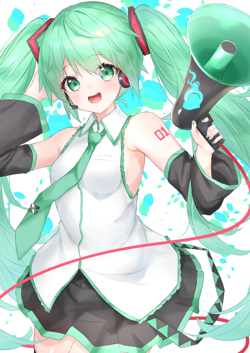 1girl :d bangs bare_shoulders black_skirt black_sleeves blush breasts collared_shirt commentary_request detached_sleeves eyebrows_visible_through_hair green_eyes green_hair green_nails green_neckwear hair_between_eyes hair_ornament hands_up hashiko_nowoto hatsune_miku headphones headset highres holding long_hair long_sleeves megaphone nail_polish necktie open_mouth pleated_skirt round_teeth shirt skirt sleeveless sleeveless_shirt small_breasts smile solo teeth tie_clip twintails upper_teeth very_long_hair vocaloid white_shirt