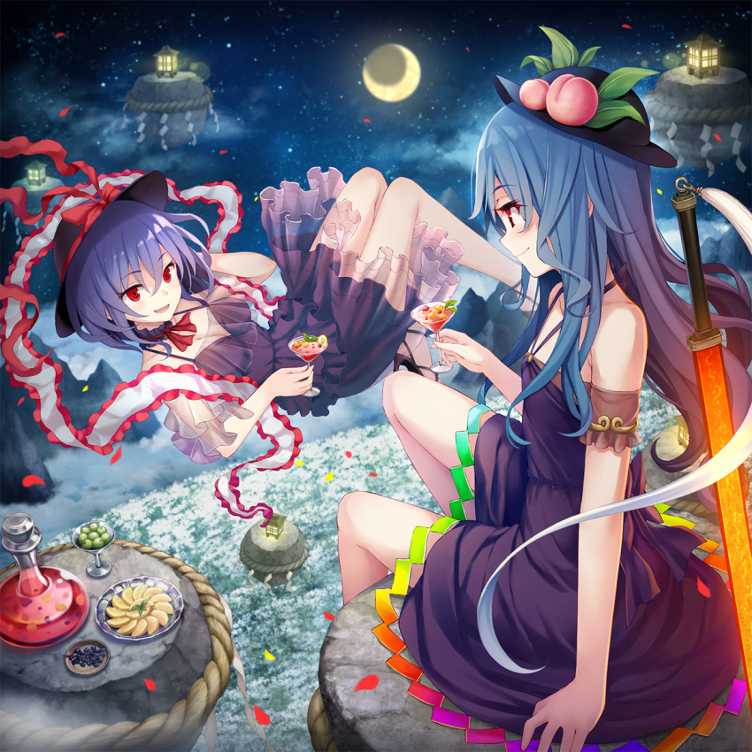 2girls alternate_costume apple black_headwear blue_hair bow clouds cocktail_glass crescent_moon cup dress drinking_glass floating food fruit grapes hair_between_eyes hat hat_bow highres hinanawi_tenshi holding holding_cup keystone knees_up lantern long_hair looking_at_another moon multiple_girls nagae_iku namaru_(summer_dandy) night night_sky off-shoulder_dress off_shoulder open_mouth peach petals purple_dress red_bow red_eyes rope shawl shimenawa short_hair sitting sitting_on_object sky star_(sky) starry_sky sword_of_hisou touhou