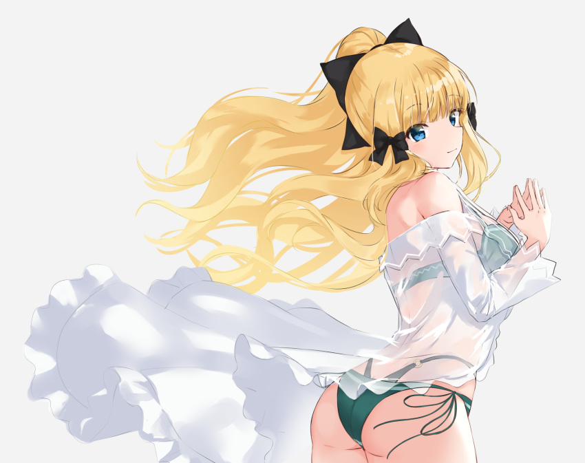 1girl ass back bangs bare_shoulders bikini black_bikini black_bow blonde_hair blue_eyes blush bow breasts closed_mouth elf flower green_bikini grey_background hair_bow hair_flower hair_ornament high_ponytail highres large_breasts layered_bikini long_hair long_sleeves looking_at_viewer looking_back minikon multi-strapped_bikini off_shoulder pointy_ears princess_connect! princess_connect!_re:dive sasaki_saren see-through sheer_clothes sidelocks simple_background smile solo swimsuit white_flower wind wind_lift