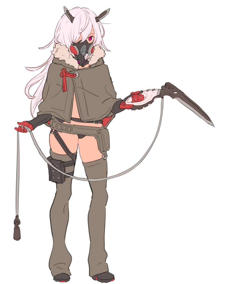 1girl absurdres bangs belt black_footwear black_panties boots brown_capelet contrapposto covered_mouth full_body gas_mask gloves grey_legwear hair_between_eyes hair_over_one_eye highres holding holding_weapon horns leg_strap long_hair looking_at_viewer nagisa_kurousagi one_eye_covered original panties pink_hair pouch red_eyes red_gloves simple_background solo standing tassel thigh-highs underwear weapon white_background
