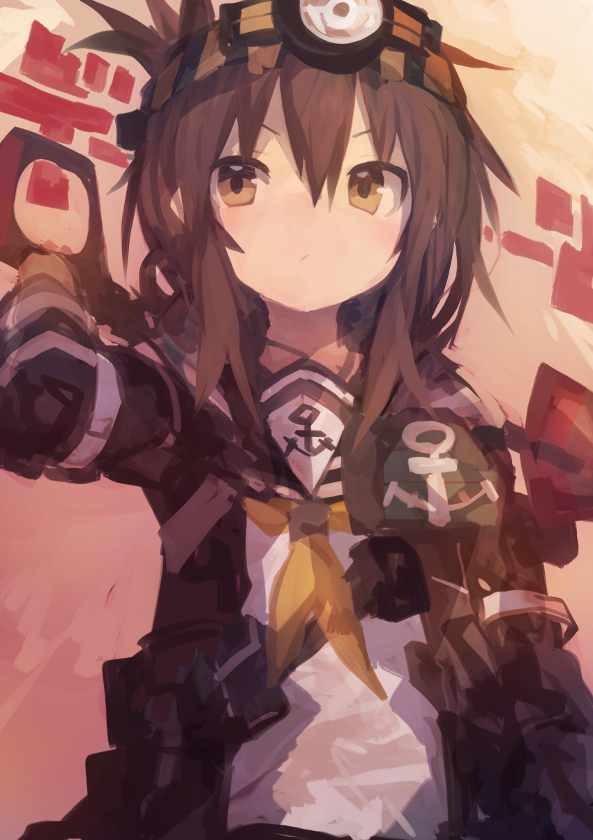 1girl absurdres anchor anchor_symbol bangs black_jacket brown_hair closed_mouth commando_(movie) eyebrows_visible_through_hair folded_ponytail highres holding holding_weapon inazuma_(kantai_collection) jacket kaamin_(mariarose753) kantai_collection long_sleeves ponytail pose sailor_collar solo weapon yellow_eyes yellow_neckwear