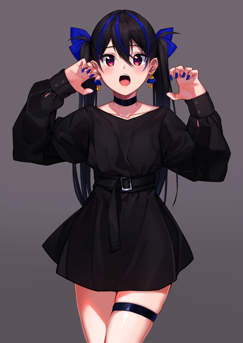 1girl :o absurdres bangs belt belt_buckle black_belt black_choker black_dress black_hair blue_bow blue_hair blue_nails bow buckle choker claw_pose collarbone commentary_request dress earrings eyebrows_visible_through_hair fangs ginopi grey_background hair_between_eyes hair_bow hands_up highres jewelry long_hair long_sleeves looking_at_viewer multicolored_hair nail_polish open_mouth original puffy_long_sleeves puffy_sleeves red_eyes simple_background skindentation sleeves_past_wrists solo streaked_hair thigh_strap upper_teeth very_long_hair