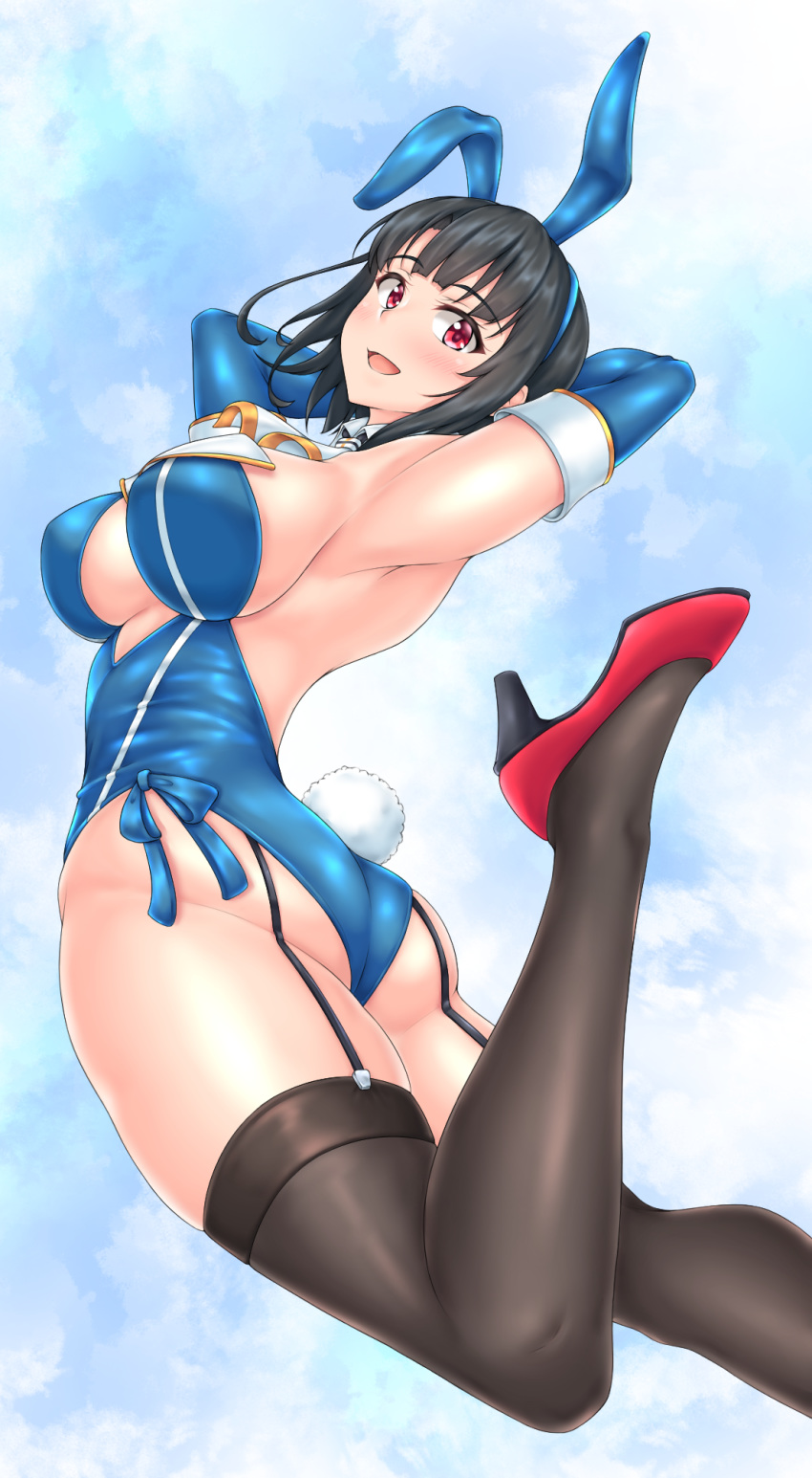 1girl adapted_costume animal_ears black_hair black_legwear blue_background blue_gloves blue_leotard breasts bunny_tail bunnysuit commentary_request detached_collar elbow_gloves from_behind garter_straps gloves hiballista highres kantai_collection large_breasts leotard looking_at_viewer looking_back rabbit_ears red_eyes short_hair solo strapless strapless_leotard tail takao_(kantai_collection) thigh-highs twisted_torso wrist_cuffs