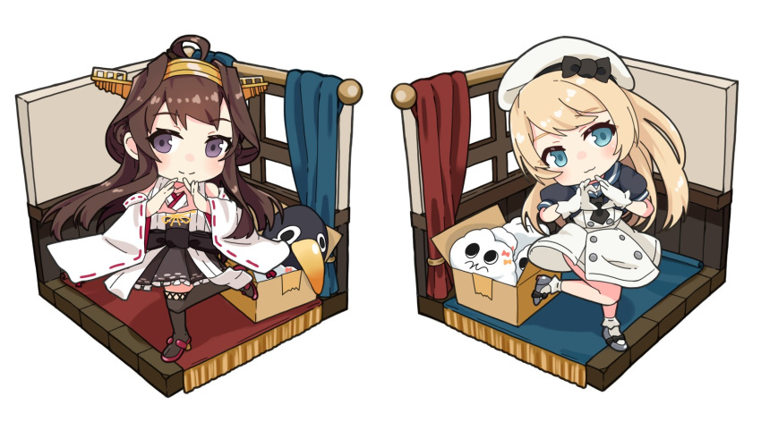 ahoge alakoala bangs blonde_hair blue_eyes blue_sailor_collar boots box brown_hair cardboard_box chibi curtains dated detached_sleeves double_bun dress eyebrows_visible_through_hair failure_penguin gloves hairband hat headgear heart heart_hands highres isometric japanese_clothes jervis_(kantai_collection) kantai_collection kongou_(kantai_collection) long_hair looking_at_viewer miss_cloud ribbon-trimmed_sleeves ribbon_trim sailor_collar sailor_dress short_sleeves signature simple_background smile standing standing_on_one_leg thigh-highs thigh_boots white_background white_dress white_gloves white_headwear window