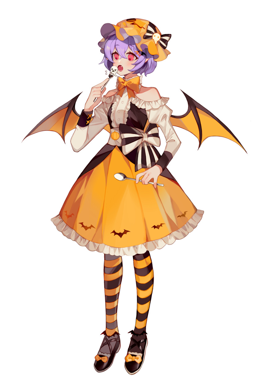 1girl absurdres bat_wings black_bow black_legwear bow commentary_request dress eyebrows_visible_through_hair fang fork full_body hair_between_eyes halloween hat hat_bow highres holding holding_fork holding_spoon long_sleeves orange_dress orange_headwear orange_legwear pantyhose red_eyes remilia_scarlet simple_background solo spoon striped striped_legwear touhou two-tone_bow vampire white_background white_bow wings yayako_(804907150)