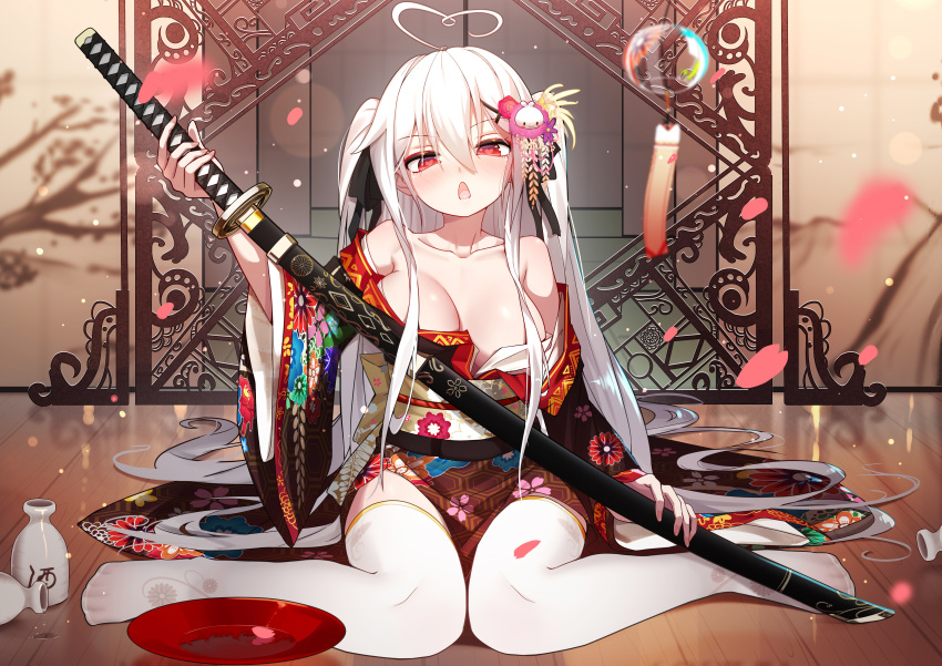 1girl absurdres ahoge alcohol bai_yemeng bangs breasts brown_kimono commentary_request cup eyebrows_visible_through_hair floral_print flower hair_between_eyes hair_flower hair_ornament heart heart-shaped_pupils heart_ahoge highres holding holding_sheath holding_sword holding_weapon japanese_clothes katana kimono large_breasts long_hair looking_at_viewer obi off_shoulder open_mouth original petals print_kimono red_eyes red_ribbon revision ribbon sakazuki sake sash sheath sheathed signature sitting solo sword symbol-shaped_pupils thigh-highs tokisaki_mio two_side_up very_long_hair wariza weapon white_hair white_legwear wind_chime wooden_floor