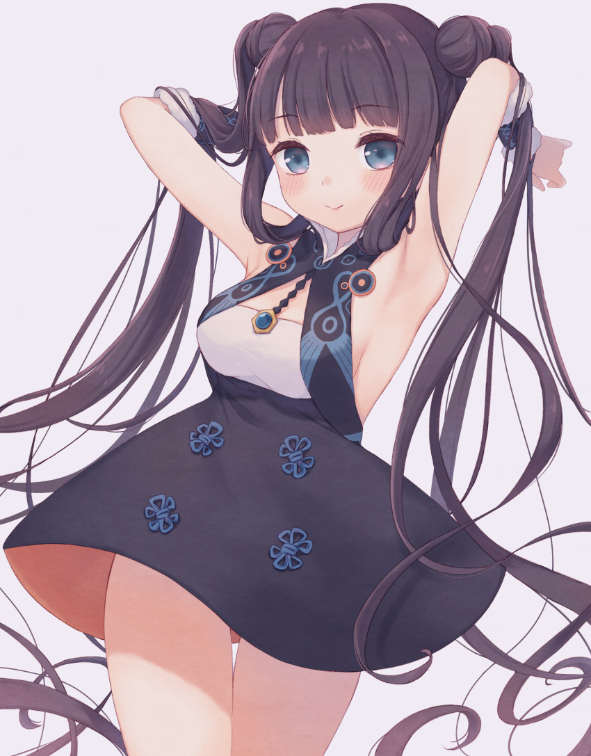 1girl absurdres armpits arms_behind_head arms_up bangs bare_shoulders black_dress blue_eyes blunt_bangs blush breasts china_dress chinese_clothes closed_mouth detached_sleeves double_bun dress fate/grand_order fate_(series) hair_ornament highres kazane_mari large_breasts long_hair looking_at_viewer purple_hair short_dress sidelocks smile solo thighs twintails very_long_hair yang_guifei_(fate/grand_order)
