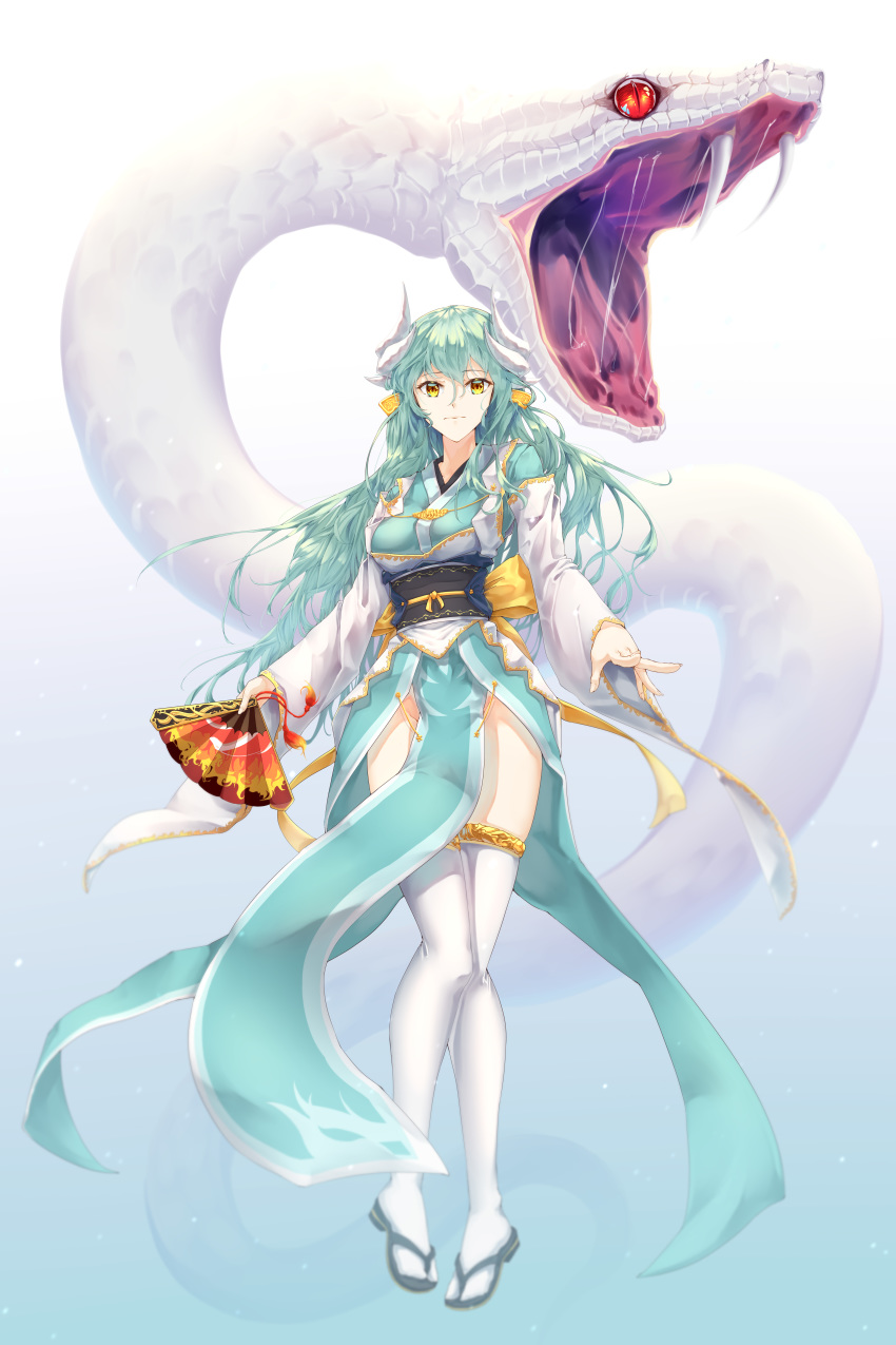 1girl absurdres animal aqua_hair aqua_kimono blue_background dragon_girl dragon_horns fan fate/grand_order fate_(series) folding_fan full_body gradient gradient_background highres holding holding_fan horns japanese_clothes kimono kiyohime_(fate/grand_order) long_hair multiple_horns nine7284 obi oversized_animal sandals sash snake solo standing tabi thigh-highs white_background white_legwear wide_sleeves yellow_eyes