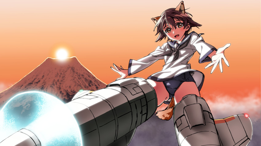 1girl animal_ears black_neckwear brown_eyes brown_hair clouds commentary_request dog_ears dog_tail flying highres kogarashi51 looking_at_viewer miyafuji_yoshika mount_fuji neckerchief open_mouth outstretched_hand school_swimsuit school_uniform short_hair solo strike_witches striker_unit sunrise swimsuit tail world_witches_series