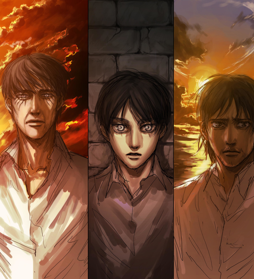 3boys absurdres age_difference beard black_hair brown_hair chiruchiru clouds collared_shirt dress_shirt eren_kruger eren_yeager facial_hair facial_mark facial_scar grey_eyes grey_eyes grisha_yeager highres looking_at_viewer multiple_boys scar shingeki_no_kyojin shirt short_hair sun sunrise sunset