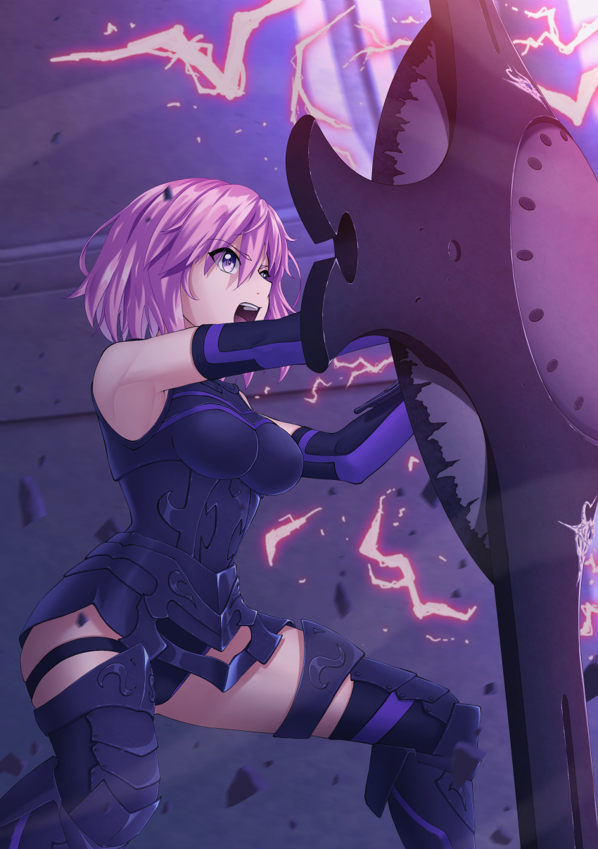 1girl absurdres armored_leotard bangs black_footwear black_legwear black_leotard boots breasts breasts_apart detached_sleeves eyebrows_visible_through_hair fate/grand_order fate_(series) from_side grey_eyes hair_between_eyes highres holding_shield leotard long_sleeves mash_kyrielight medium_breasts open_mouth pink_hair satyarizqy shield shiny shiny_hair short_hair solo thigh-highs thigh_boots thigh_strap