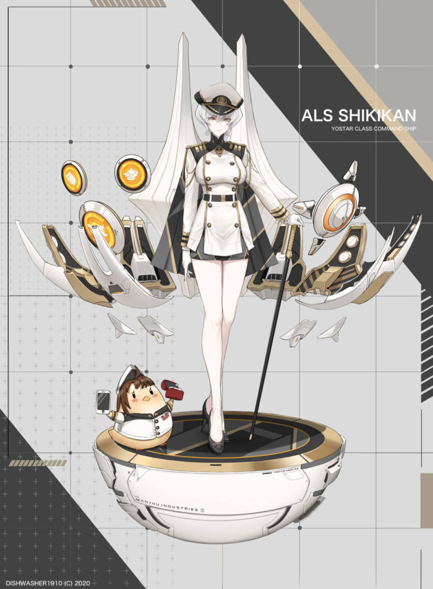 1girl azur_lane black_cape black_footwear breasts buttons cane cape closed_mouth commander_(azur_lane) dishwasher1910 double-breasted english_commentary english_text epaulettes full_body gloves hat high_heels highres holding_cane jacket long_sleeves looking_at_viewer manjuu_(azur_lane) medium_breasts military military_hat military_uniform miniskirt rigging short_hair silver_hair skirt smile solo standing uniform white_gloves white_jacket yellow_eyes