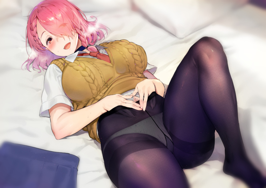 1girl bangs bed_sheet black_legwear blush braided_bangs breasts dokyuu_hentai_hxeros hair_over_one_eye hands_together heavy_breathing iku_(ikuchan_kaoru) large_breasts legs_folded looking_at_viewer lying necktie on_back open_mouth pantyhose pillow pink_hair red_eyes red_neckwear shirayuki_maihime short_hair smile solo sweater_vest