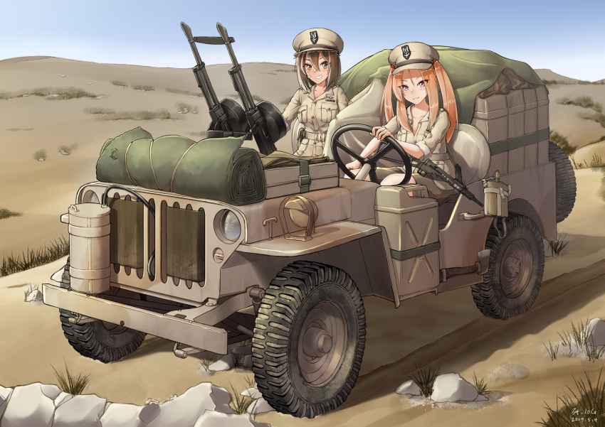 2girls absurdres blue_sky breast_pocket brown_eyes brown_hair brown_headwear brown_shirt brown_shorts car day desert driving ground_vehicle gun hat highres jeep kangri_jian light_brown_hair long_hair military military_uniform motor_vehicle multiple_girls original outdoors peaked_cap pocket rock sand shirt shorts sky special_air_service sten_gun submachine_gun uniform weapon world_war_ii