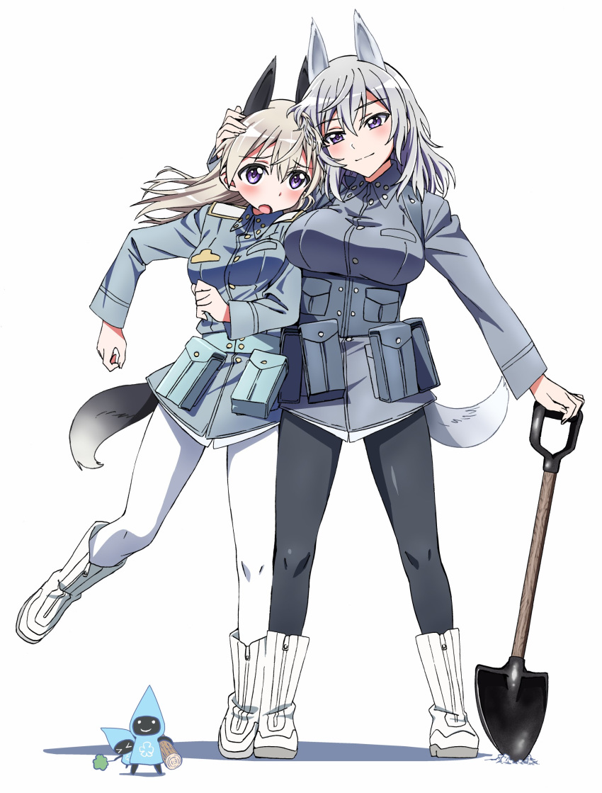 2girls absurdres animal_ears aurora_e_juutilainen black_legwear boots breasts commentary_request eila_ilmatar_juutilainen fox_ears fox_tail grey_hair hand_on_another's_head highres hug knee_boots kogarashi51 large_breasts leaf light_brown_hair log long_hair long_sleeves military military_uniform multiple_girls pantyhose shovel siblings sisters strike_witches tail uniform violet_eyes white_background white_legwear world_witches_series