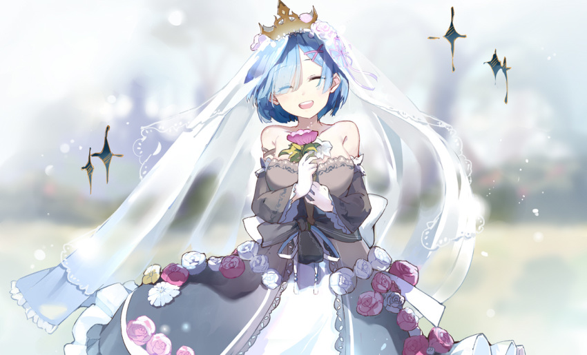 1girl :d ^_^ blue_hair blurry blurry_background breasts bridal_veil closed_eyes commentary_request depth_of_field dress eyes_visible_through_hair facing_viewer flower grey_dress hair_flower hair_ornament hair_over_one_eye hair_ribbon hairclip head_tilt holding holding_flower medium_breasts mitu_yang open_mouth pink_flower pink_rose purple_flower purple_ribbon re:zero_kara_hajimeru_isekai_seikatsu rem_(re:zero) ribbon rose see-through smile solo sparkle strapless strapless_dress tiara upper_teeth veil wedding_dress white_flower white_rose yellow_flower