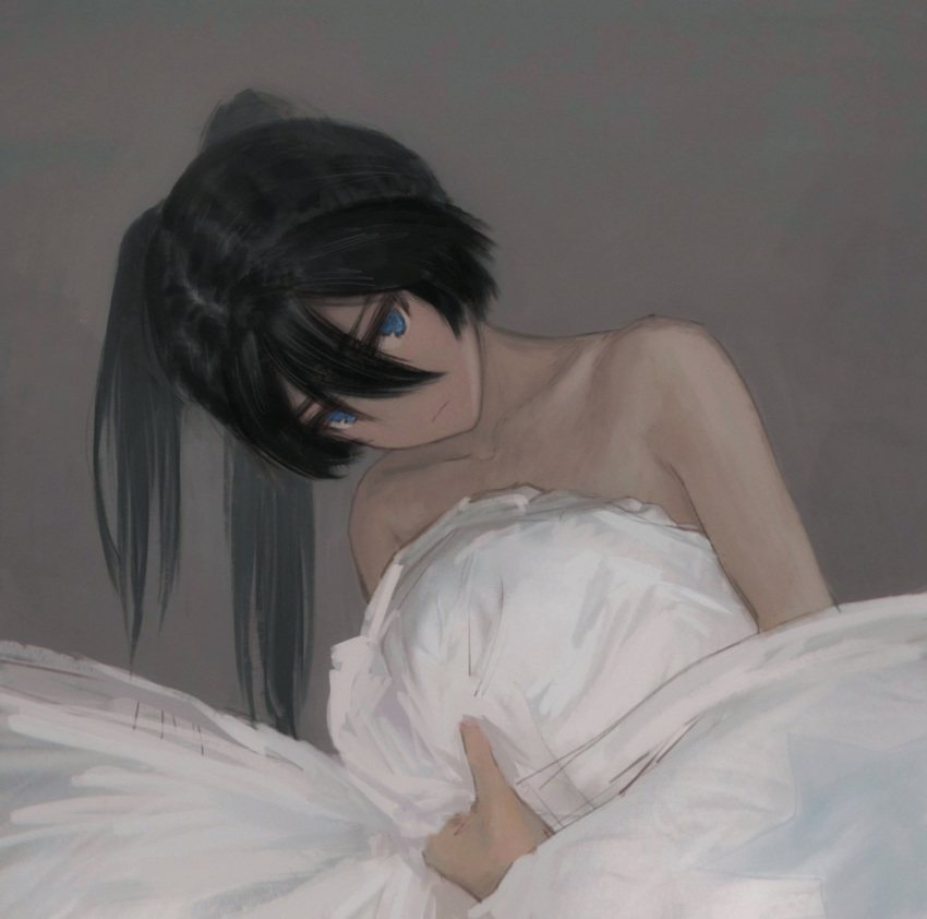 1girl asymmetrical_hair black_hair black_rock_shooter black_rock_shooter_(character) blue_eyes closed_mouth collarbone grey_background hair_between_eyes highres long_hair ly_(pixiv13839236) naked_sheet simple_background solo twintails under_covers