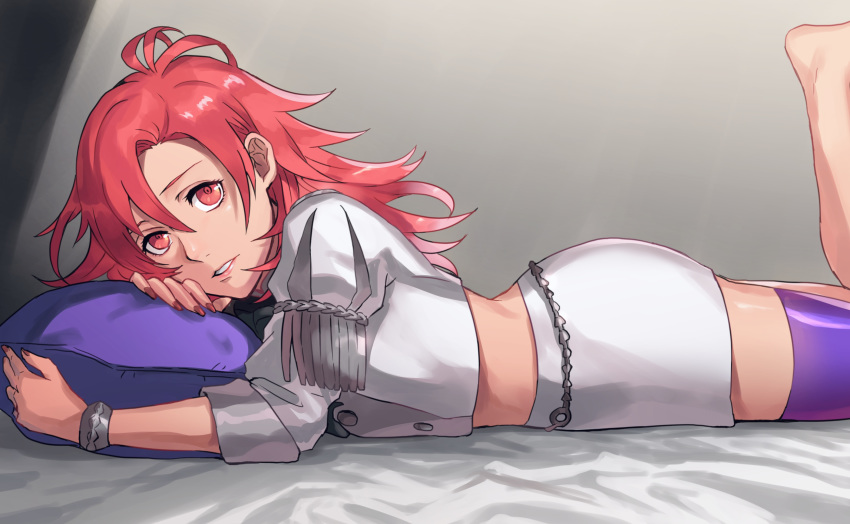 1girl fire_emblem fire_emblem:_three_houses from_side garreg_mach_monastery_uniform hapi_(fire_emblem) highres looking_to_the_side lying on_stomach parted_lips pillow red_eyes redhead shiyo_(jkke5275) solo uniform