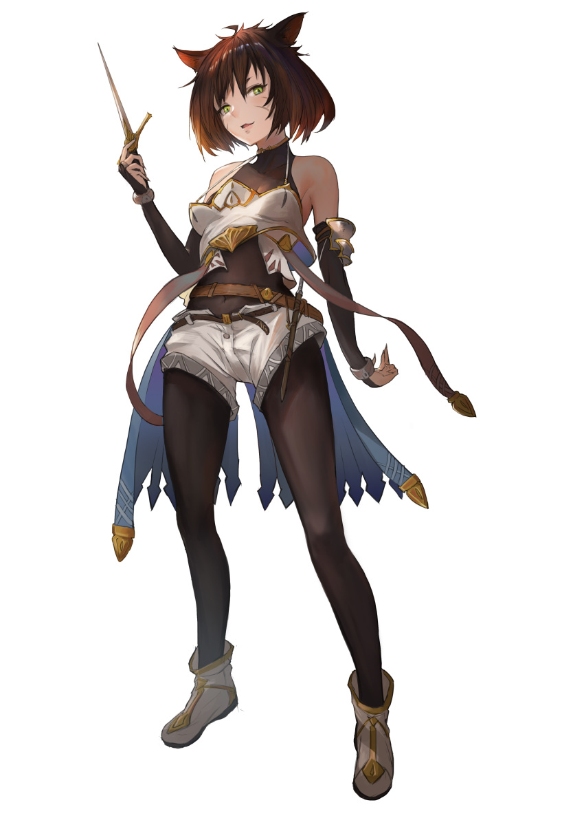 1girl absurdres animal_ears bare_shoulders bridal_gauntlets brown_hair cat_ears covered_navel dagger elbow_gloves facial_mark fingernails full_body gloves green_eyes half-closed_eyes highres lhsx looking_at_viewer original parted_lips sharp_fingernails short_hair shorts slit_pupils smile solo weapon white_background